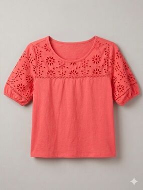 Eyelet Yoke Short Sleeve Blouse in Coral by Berkley Jensen